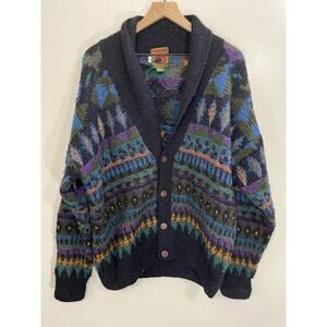Vtg Grandpa Fair Isle Shawl Cardigan M Chunky Artsy Maximalist Cottage Normcore